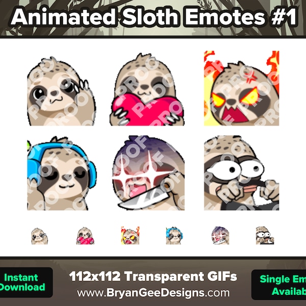 Animated Sloth Twitch Emotes Wave Love Heart Rage Angry Jam Music Knife Steer for Streaming Youtube Emotes Discord Stickers