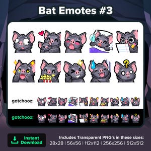 Bat Twitch Emotes Derp Hug Gasm Sleep Notes Study Wow Popcorn Wink Nervous Confused for Streaming Youtube Discord TikTok Kick P2U