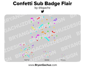 May include: A gray background with confetti in various colors and shapes. The confetti is arranged in a pattern that resembles a badge. The text "Confetti Sub Badge Flair" is at the top of the image, and the text "by @bgachz" is below it. The text "BryanGachuZDesign" is repeated throughout the image. There are three smaller images of confetti at the bottom of the image, with the dimensions 112x112, 56x56, and 28x28.