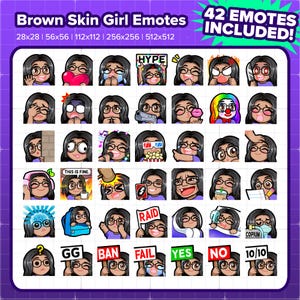 Brown Skin Girl with Glasses Twitch Emotes MEGA Bundle for Streaming, Youtube, Discord, Kick, TikTok, Rumble, Emojis, P2U Premade Emotes