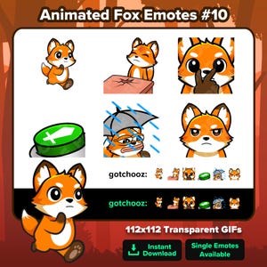 Può includere: Una collezione di emote di volpe animate in varie pose ed espressioni. Le emote sono arancioni e bianche, con azioni come camminare, pensare e stare sotto la pioggia. Il testo dice "Animated Fox Emotes #10" e "gotchooz:" con opzioni di download.