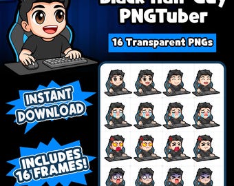 Black Hair Guy PNGtuber Model | Reactive Guy PNGTuber | Guy Avatar | PNG Vtuber for Twitch, YouTube, Kick, Tiktok
