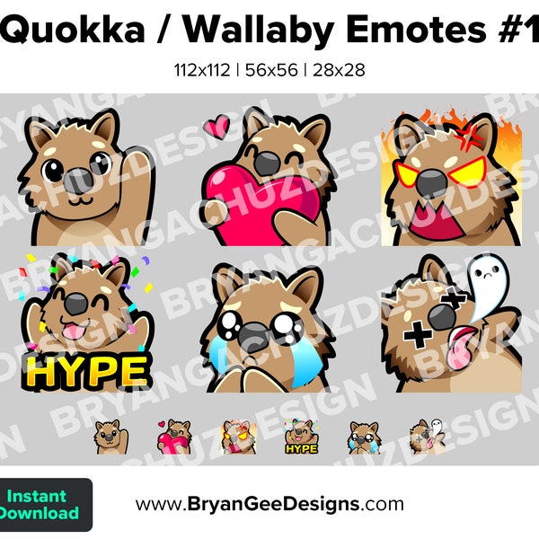 Quokka Wallaby Twitch Emotes for Streaming Wave Love Rage HYPE Sad RIP Youtube Emotes Discord Stickers