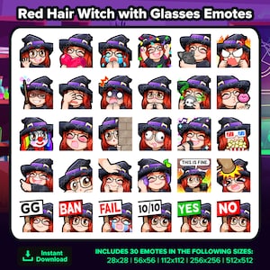 Puede incluir: Un conjunto de 30 emoticonos animados de Twitch que representan a una bruja pelirroja con gafas y un sombrero de bruja negro. Los emoticonos están en varias poses y expresiones, incluyendo guiños, llantos y sosteniendo un micrófono. Los emoticonos están disponibles en cinco tamaños diferentes: 28x28, 56x56, 112x112, 256x256 y 512x512.