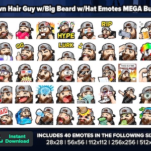 Brown Hair Guy with Big Beard with Hat Twitch Emotes MEGA Bundle for Streaming, Youtube Emotes, Discord Emotes, Kick Emotes, TikTok Emotes