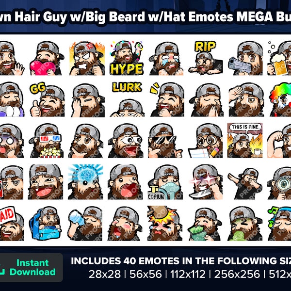 Brown Hair Guy with Big Beard with Hat Twitch Emotes MEGA Bundle for Streaming, Youtube Emotes, Discord Emotes, Kick Emotes, TikTok Emotes