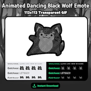 May include: An animated dancing black wolf emote in a 112x112 transparent GIF format. The character is a stylised, rounded black and grey wolf with a cheerful expression, shown in a digital display with chat text reading Gotchooz: LETSGO!