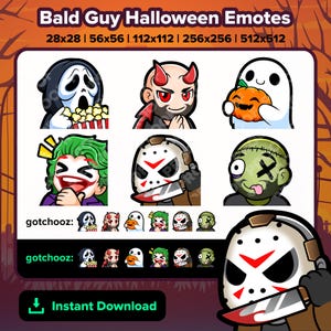 Pode incluir: Um conjunto de nove emoticons com tema de Halloween que apresentam personagens como um fantasma, um diabo, um zumbi e um assassino mascarado. Os emoticons estão disponíveis em vários tamanhos, de 28x28 pixels a 512x512 pixels.