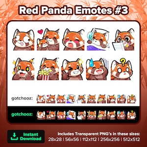 Emotes de Twitch de Panda Rojo Derp Abrazo Gasm Notas de sueño Estudio Wow Palomitas de maíz Guiño Nervioso Confundido para transmisión Youtube Discord TikTok Kick P2U