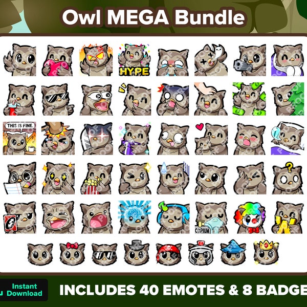 Owl Twitch Emotes & Badges MEGA Bundle para Streaming, Youtube Emotes, Discord Emotes, Kick Emotes, TikTok Emotes, Rumble Emotes