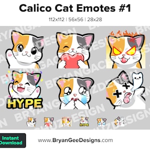 Calico Cat Twitch Emotes for Streaming Wave Love Rage HYPE Sad RIP Youtube Emotes Discord Stickers