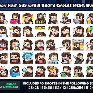 Brown Hair Guy with Big Beard Twitch Emotes MEGA Bundle for Streaming, Youtube Emotes, Discord Emotes, Kick Emotes, TikTok Emotes, Rumble