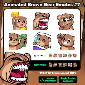 Emote animate di Orso Bruno su Twitch: Cheerleading, LETSGO, Peace Out, Take My Money, Sleep, Punch per lo streaming su Youtube, Discord, Tiktok Kick