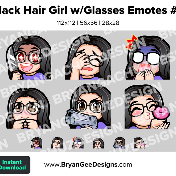 Black Hair Girl with Glasses Twitch Emotes for Streaming Knife Evil Facepalm Scared Shy Gun Kiss Youtube Emotes Discord Stickers