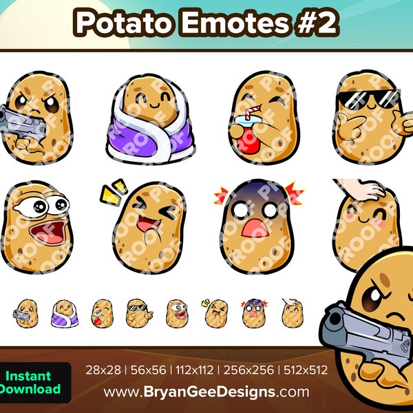 Potato Twitch Emotes Gun Cozy SIP Cool POG LUL Scared Head Pat for Streaming Youtube Discord TikTok P2U Premade Emotes