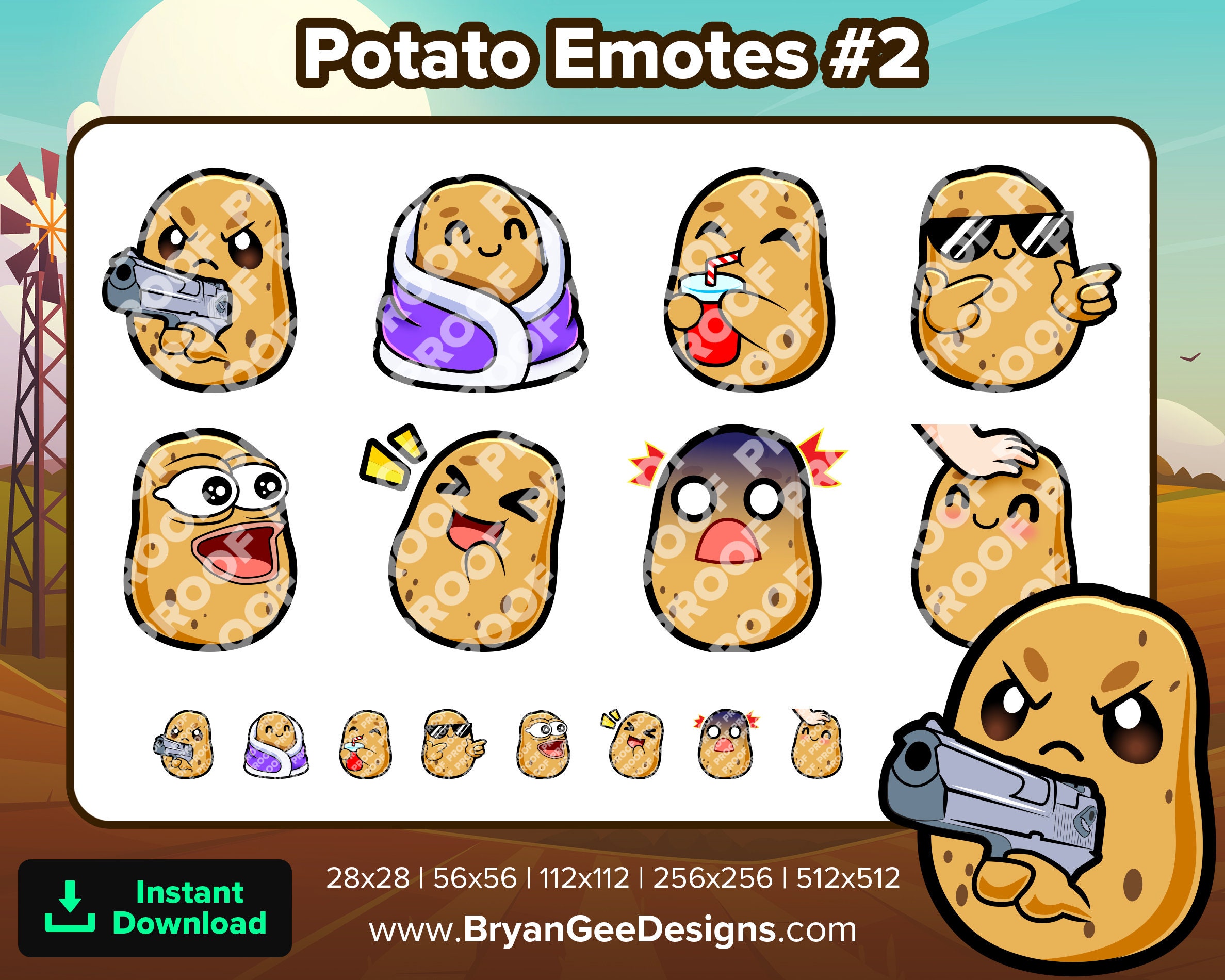 Potato Twitch Emotes Gun Cozy SIP Cool POG LUL Scared Head Pat for Streaming Youtube Discord TikTok P2U Premade Emotes