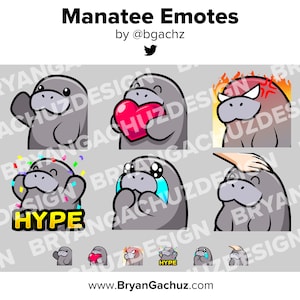Manatee Twitch Emotes for Streaming Wave Love Rage HYPE Sad RIP Youtube Emotes Discord Stickers