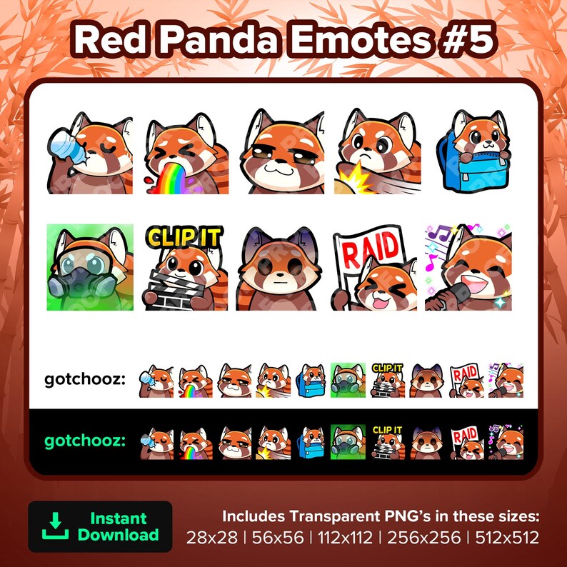 Red Panda Twitch Emotes Drinking Water Puke Smug Smack Carried Toxic Clip It Stare Raid Sing for Streaming Youtube Discord TikTok Kick P2U