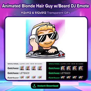 Könnte beinhalten: Animierter DJ-Emote mit blonden Haaren und Bart, trägt Sonnenbrille und Kopfhörer. Die Cartoonfigur steht hinter einem Plattenspieler. Der Text "Instant Download" und Beispiel-Emotes sind enthalten.