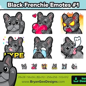 Black French Bulldog Twitch Emotes Wave Love Heart Rage Angry HYPE Sad Cry RIP for Streaming Youtube Discord TikTok P2U Premade Emotes