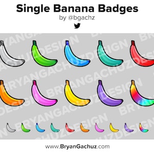 Könnte beinhalten: Ein Set mit 18 digitalen Abzeichen, die eine Banane in verschiedenen Farben zeigen, darunter Silber, Grün, Blau, Rot, Orange, Pink, Gelb, Lila und Regenbogen. Die Abzeichen sind in einem einfachen, cartoonartigen Stil gestaltet und eignen sich perfekt für die Verwendung in sozialen Medien oder in Online-Communities.