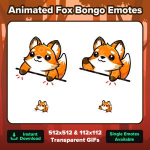 Puede incluir: Emoticonos animados de bongo de zorro en dos tamaños, 512x512 y 112x112, con fondos transparentes. El zorro es naranja y blanco con ojos grandes y una expresión linda. Los emoticonos están disponibles como emoticonos individuales y son descargas instantáneas.
