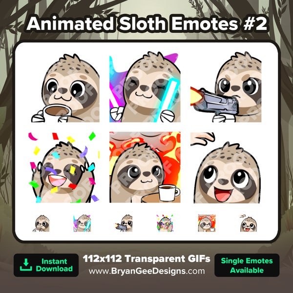 Animated Sloth Emotes Sip Rave Dance Gun Hype Party This is Fine Head Pat for Twitch Youtube Discord for Streaming, Animated Twitch Emotes