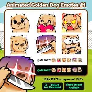 May include: A set of animated golden retriever dog emotes. The emotes show different expressions, such as waving, holding a heart, angry, sleeping, holding a knife, and driving. Text includes "Animated Golden Dog Emotes #1", "gotchooz", and "112x112 Transparent GIFs".