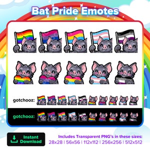 May include: A set of 28 digital pride flag emotes featuring a cute cartoon bat holding a heart or flag. The flags include rainbow, bisexual, transgender, and asexual pride flags. The emotes are available in five sizes: 28x28, 56x56, 112x112, 256x256, and 512x512.