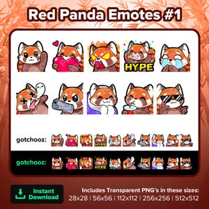 Emotes de Twitch de Panda rojo Onda Amor Corazón Furia Enojado HYPE Triste Llorar RIP Pistola Acogedor Sorbo Genial para transmitir en YouTube, Discord, TikTok, Kick, Rumble