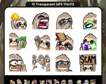 Animated Sloth Emotes Pack #4 | Cute Sloth GIF Emotes for Twitch Discord YouTube VTuber Kick | 12 Sloth Chibi Streamer Emotes