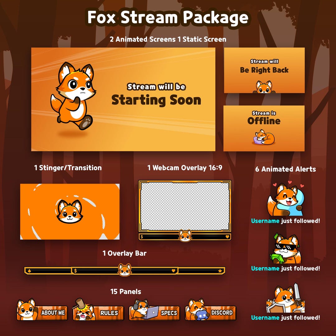 Fox Stream Package | Animated Twitch Overlay Kit, Alerts, Screens ...