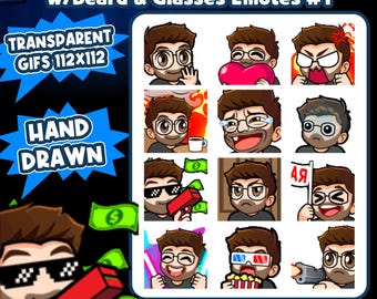 Animated Brown Hair Guy with Beard & Glasses Twitch Emotes | 12 Guy GIF Emotes for Discord Kick YouTube | Streamer Emote Pack #1 | P2U Emoji