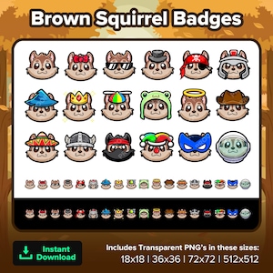 Könnte beinhalten: Ein Set mit 36 braunen Eichhörnchen-Abzeichen mit verschiedenen Hüten, Accessoires und Gesichtsausdrücken. Die Abzeichen sind in einem Rasterformat angeordnet und enthalten den Text "Brown Squirrel Badges" und "Sofort-Download". Der Text listet auch die Größen der Abzeichen auf: 18x18, 36x36, 72x72 und 512x512.