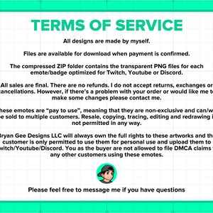Pu&ograve; includere: Una casella di testo bianca con sfondo verde e motivo a griglia nera. La casella di testo contiene i termini di servizio per un prodotto digitale. Il testo include informazioni su rimborsi, resi e l'utilizzo del prodotto. Un'illustrazione di un personaggio dei cartoni animati si trova nell'angolo in basso a destra.