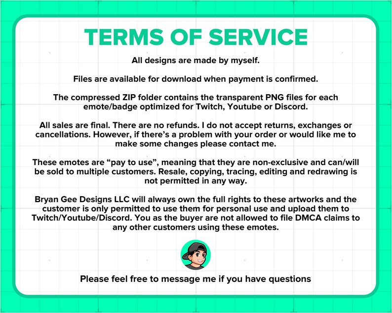 Pu&ograve; includere: Una casella di testo bianca con sfondo verde e motivo a griglia nera. La casella di testo contiene i termini di servizio per un prodotto digitale. Il testo include informazioni su rimborsi, resi e l'utilizzo del prodotto. Un'illustrazione di un personaggio dei cartoni animati si trova nell'angolo in basso a destra.