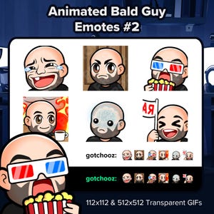 Pode incluir: Um conjunto de emotes animados de um homem careca com várias expressões, incluindo choro, raiva e excitação. Os emotes apresentam um personagem careca com barba, óculos 3D, uma bandeira e pipocas. O texto "Animated Bald Guy Emotes #2" está no topo.