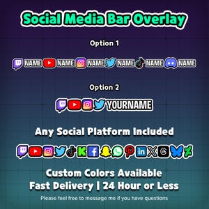 Custom Social Media Bar Overlay | Twitch YouTube Kick Stream Overlay | Social Icons Overlay | Streamer Overlay Package | OBS Stream Graphics