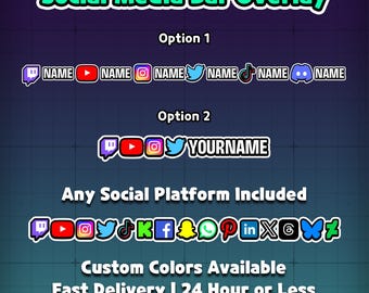 Custom Social Media Bar Overlay | Twitch YouTube Kick Stream Overlay | Social Icons Overlay | Streamer Overlay Package | OBS Stream Graphics