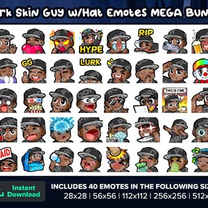 Mec à la peau foncée avec un chapeau Emotes Twitch MEGA Bundle pour le streaming Emotes Youtube Emotes Discord Emotes Kick Emotes TikTok Emotes Rumble