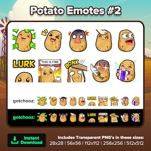 Potato Twitch Emotes Dono Laughing Scared Head Pat POG Lurk This is Fine Hit Evil Knife Gift for Streaming Youtube Discord TikTok P2U