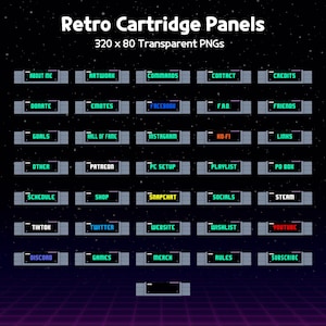 Op de afbeelding: Retro cartridge panels met tekstlabels zoals "About Me", "Shop" en "YouTube". De panels zijn ontworpen in een retro videogame stijl, met een donkere achtergrond en een rasterpatroon. De tekst is in verschillende kleuren.