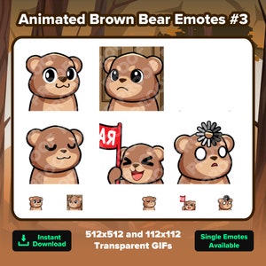 May include: Animated brown bear emotes in various poses, including a bear with closed eyes, a bear with a flag that says "АЯ", and a bear with a flower on its head. The emotes are available in 512x512 and 112x112 sizes and are transparent GIFs.