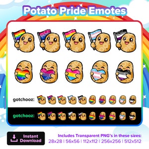 Può includere: Un set di 20 emoji digitali di patate pride con varie bandiere pride e cuori. Gli emoji sono disponibili in 5 dimensioni: 28x28, 56x56, 112x112, 256x256 e 512x512 pixel.