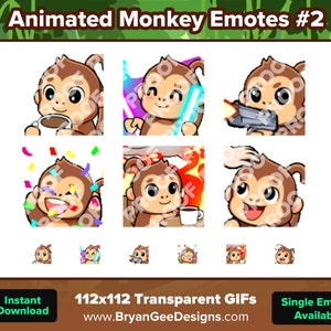 May include: Animated monkey emotes in various poses, including drinking coffee, holding a lightsaber, holding a gun, celebrating with confetti, drinking coffee, and being petted. The emotes are 112x112 pixels and are transparent GIFs. The text "Animated Monkey Emotes #2" is at the top of the image. The text "Instant Download" is at the bottom left of the image. The text "112x112 Transparent GIFs" is at the bottom center of the image. The text "www.BryanGeeDesigns.com" is below the text "112x112 Transparent GIFs". The text "Single Emotes Available" is at the bottom right of the image.