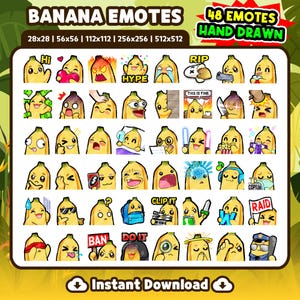 Könnte beinhalten: Eine Sammlung von 48 handgezeichneten Bananen-Emojis mit verschiedenen Ausdrücken. Größen von 28x28 bis 512x512 Pixel. Text: "BANANA EMOTES", "48 EMOTES HAND DRAWN" und "Instant Download". Geeignet für digitale Anwendungen.