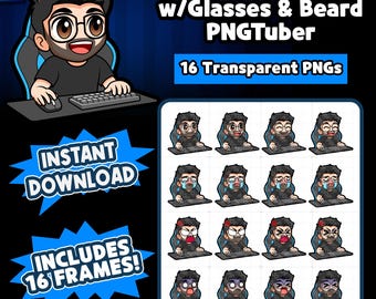 Black Hair Guy with Glasses and Beard PNGtuber Model | Reactive Guy PNGTuber | Guy Avatar | PNG Vtuber for Twitch, YouTube, Kick, Tiktok