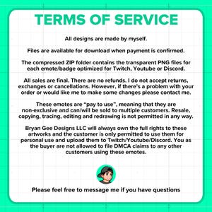Może przedstawiać: Grafika cyfrowa z tekstem "TERMS OF SERVICE" w kolorze zielonym. Tekst szczeg&oacute;łowo opisuje warunki użytkowania projekt&oacute;w cyfrowych, w tym dostępność pobierania, zasady zwrot&oacute;w i prawa użytkowania dla Twitch, YouTube i Discord.