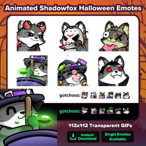 以下が含まれることがあります： ハロウィンアニメーションエモート。様々なコスチュームを着た、カートゥーンのキツネが登場します。魔女、ゾンビ、マスクをした殺人者などです。エモートは112x112ピクセルで、透明なGIFです。テキスト「gotchooz:」は2回表示され、それぞれの下に小さなエモートが並んでいます。