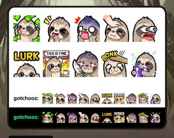 Sloth Twitch Emotes Dono Laughing Scared Head Pat POG Lurk This is Fine Hit Evil Knife Gift for Streaming Youtube Discord TikTok P2U Premade